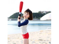 新款防晒儿童泳衣 时尚日系棒球宝贝女童分体泳衣 游泳帽三件套图2