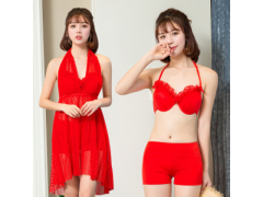 新品比基尼时尚三件套钢托分体裙平角裤游泳衣女保守泡温泉泳装女图2