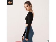 秋冬新款瑜伽长袖T恤女 后背交叉运动健身服长袖T恤女 带胸垫图2