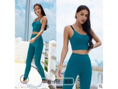 新款时尚运动休闲女防震聚拢文胸提臀蜜桃长裤跑步瑜伽健身服套装图3