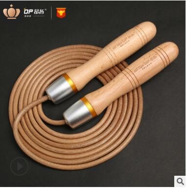 牛皮真皮绳万向金属轴承速度跳绳可调节专业成人轴承木柄牛皮跳绳图2