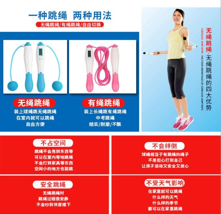 电子计数器跳绳学生考试训练专用绳负重运动健身体育用品钢丝无绳图2